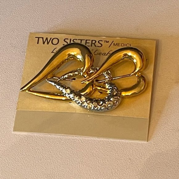 Women's Two Sister's heart Brooch-Gold/Silver-Rhinestone - Picture 1 of 2